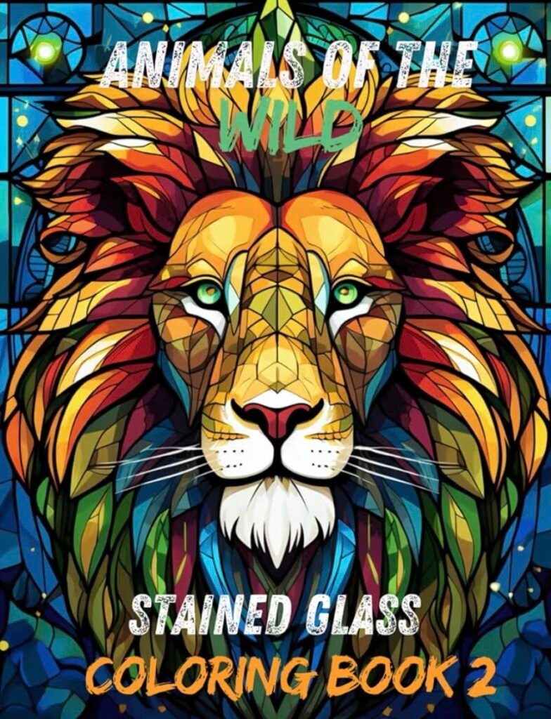 Colorful lion drawing with stained glass border