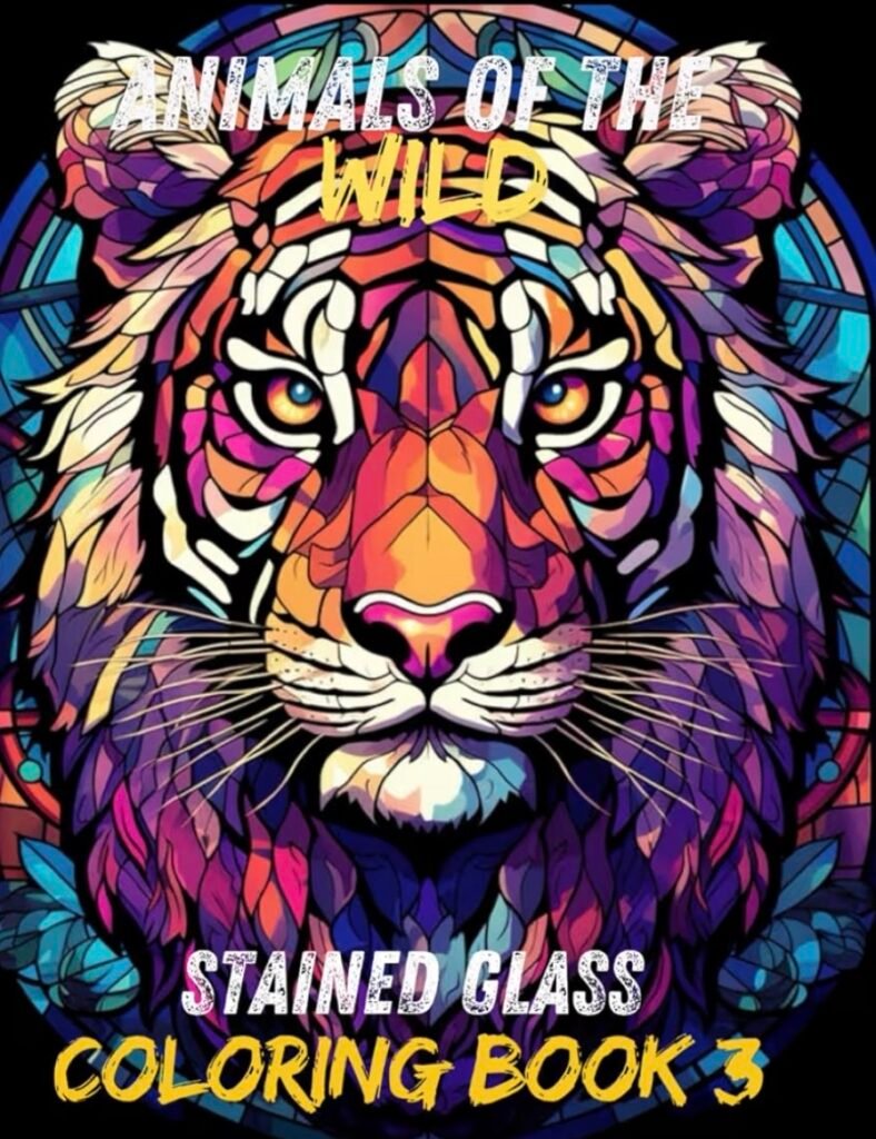 Colorful lion drawing with stained glass border