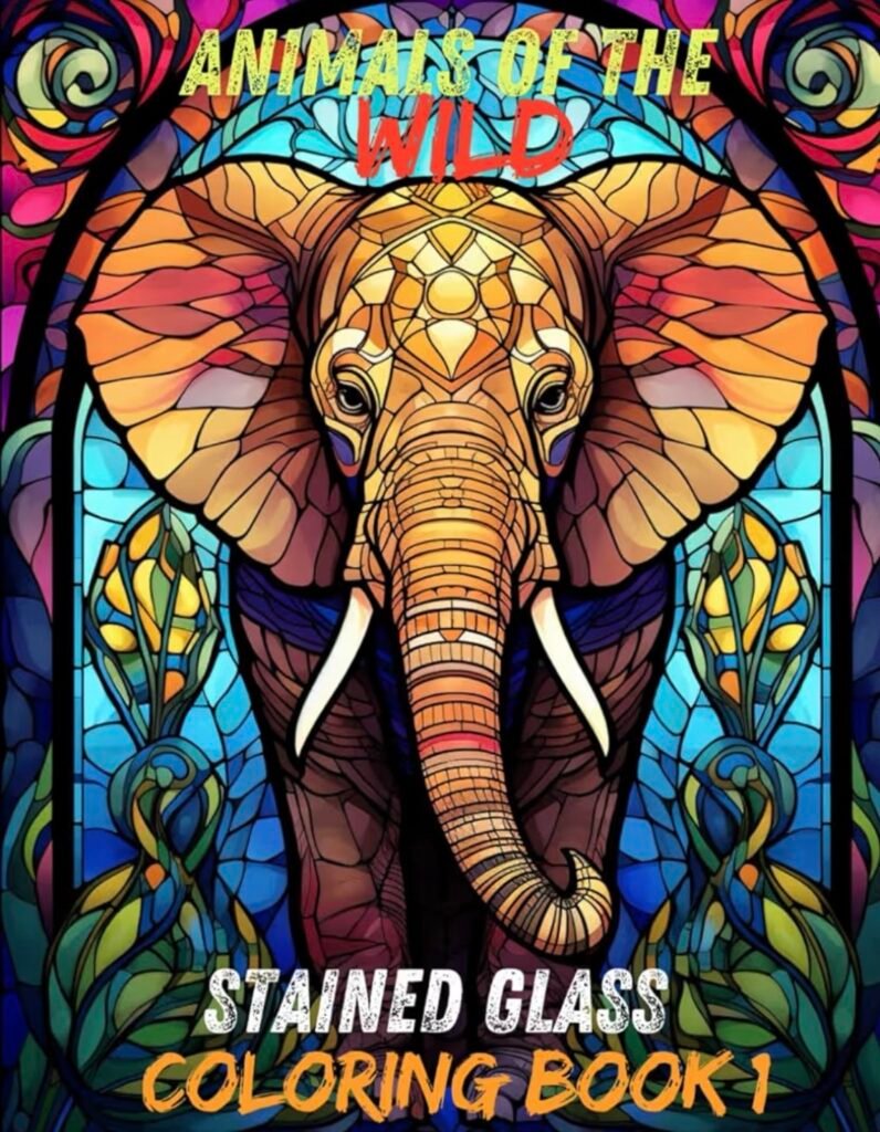 Colorful elephant drawing with stained glass border