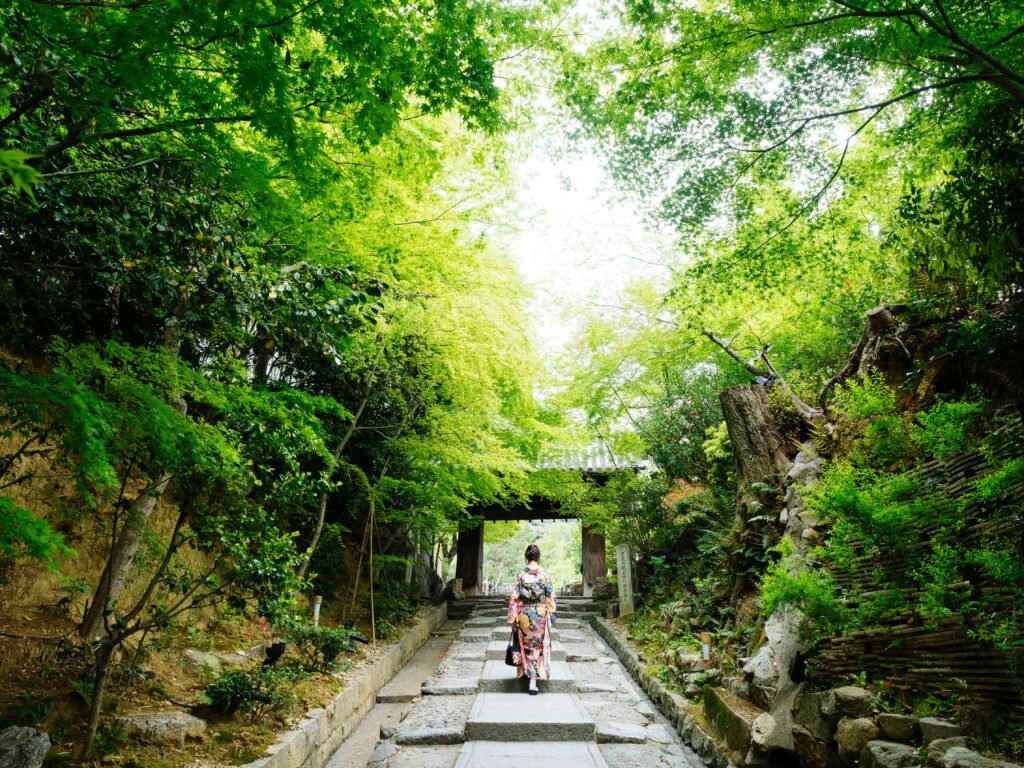 A woman in a colorful kimono walks down a stone path in a lush Kyoto garden, Japan.